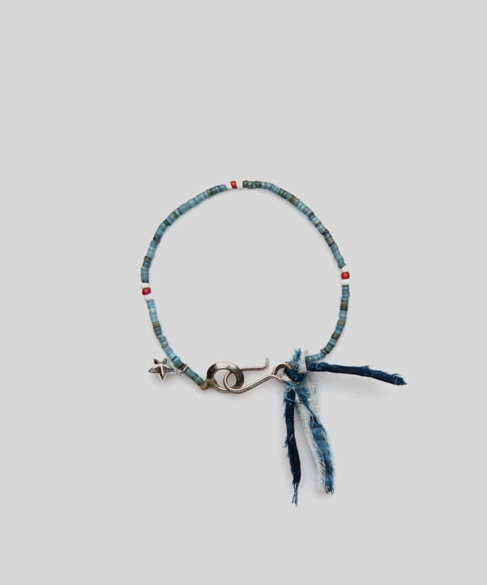 North Works노스웍스 Indigo Dyed Shell & White hearts Beads Bracelet (D-620)